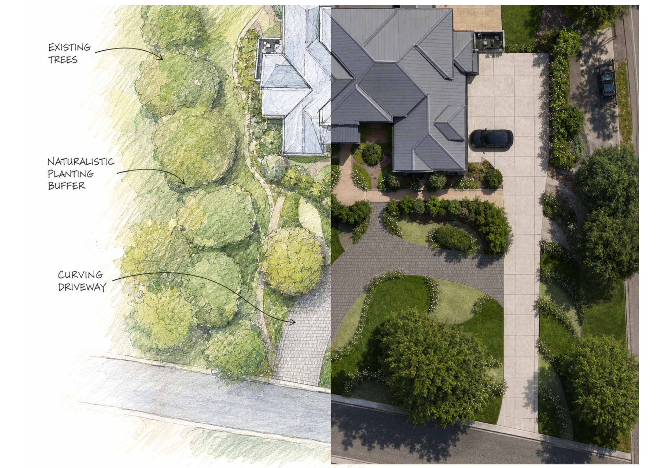 Site-responsive planting design with layered white and green plantings blending into the landscape