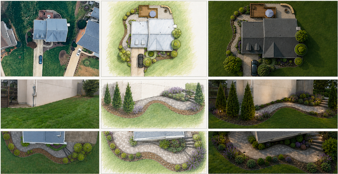 Engineered slope solution connecting front entry to rear patio with steps and a flowing walkway